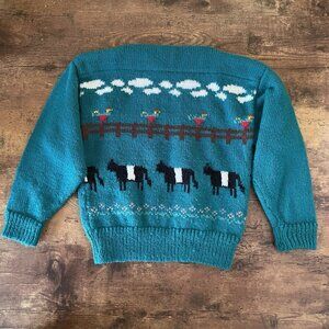 Vintage 1980s Toddler Girls Sweater Sz 3T Green Farm Cows Chickens Handknit